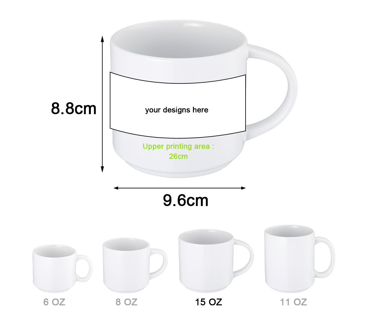 Custom Wholesale Ceramic Sublimation Stackable Mugs - 6OZ/8OZ/11OZ/15OZ